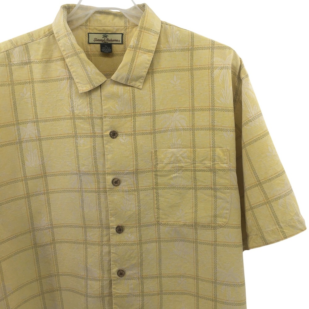 Tommy Bahama Shirt Men XL Yellow Plaid Silk Tropical Palm Tree Camp Button Up SS
